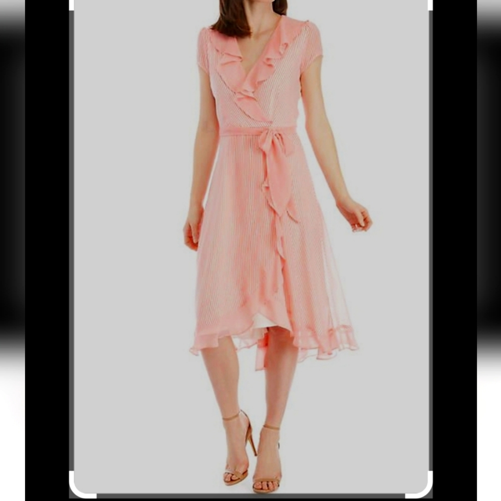 Gabby Skye Womens Pink Chiffon Midi Fit & Flare Dress 8